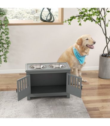 PawHut Raised Dog Bowls for Large Dogs Feeding Station with Stand Storage - Grey