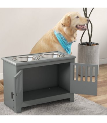 PawHut Raised Dog Bowls for Large Dogs Feeding Station with Stand Storage - Grey