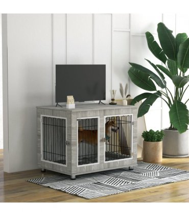 PawHut Dog Crate Furniture, Dog Crate End Table with Soft Cushion, Double Door