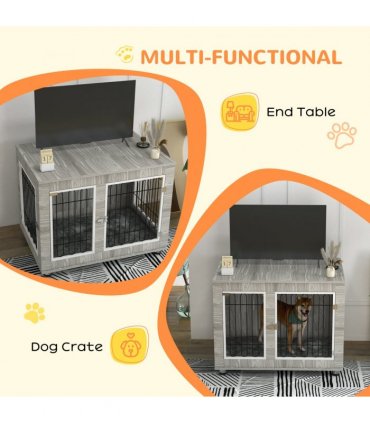 PawHut Dog Crate Furniture, Dog Crate End Table with Soft Cushion, Double Door