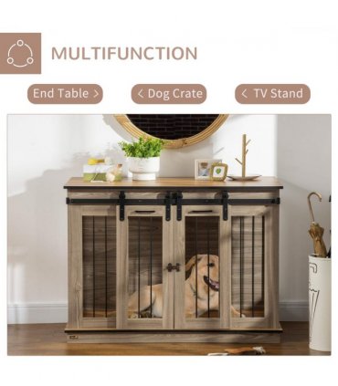 Dog Cage Table Oak Tone MDF and steel 120L x 60W x 88.5H cm Double Dog Crate