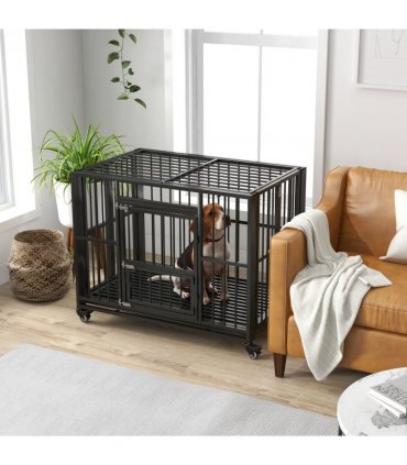 Dog Cage 109L x 71W x 86H cm Black Steel Foldable Openable Top Large Door