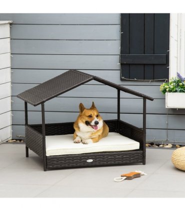 PawHut Wicker Dog House, Rattan Pet Bed with Soft Cushion, Cat Basket - Cream