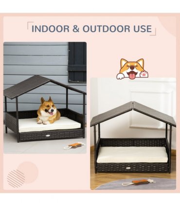 PawHut Wicker Dog House, Rattan Pet Bed with Soft Cushion, Cat Basket - Cream