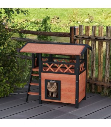 Outdoor Cat House with Balcony Stairs Roof, Brown, Fir Wood, 77L x 50W x 73H cm