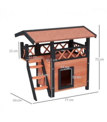 Outdoor Cat House with Balcony Stairs Roof, Brown, Fir Wood, 77L x 50W x 73H cm