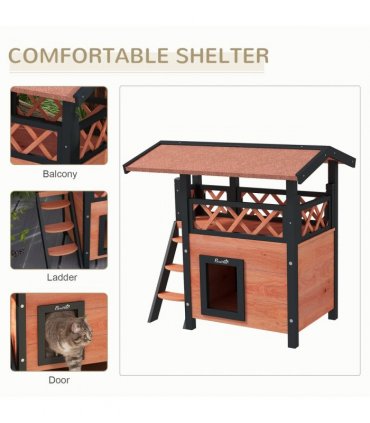 Outdoor Cat House with Balcony Stairs Roof, Brown, Fir Wood, 77L x 50W x 73H cm