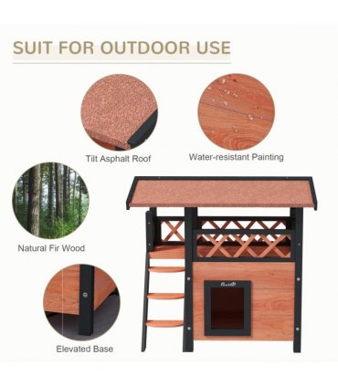 Outdoor Cat House with Balcony Stairs Roof, Brown, Fir Wood, 77L x 50W x 73H cm