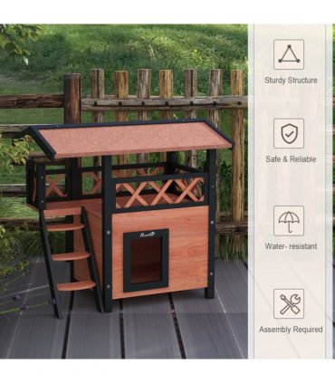 Outdoor Cat House with Balcony Stairs Roof, Brown, Fir Wood, 77L x 50W x 73H cm