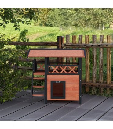 Outdoor Cat House with Balcony Stairs Roof, Brown, Fir Wood, 77L x 50W x 73H cm