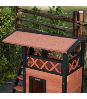 Outdoor Cat House with Balcony Stairs Roof, Brown, Fir Wood, 77L x 50W x 73H cm