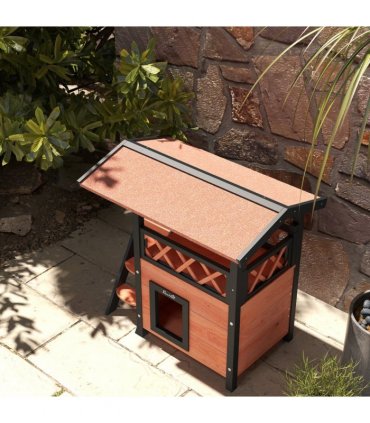 Outdoor Cat House with Balcony Stairs Roof, Brown, Fir Wood, 77L x 50W x 73H cm