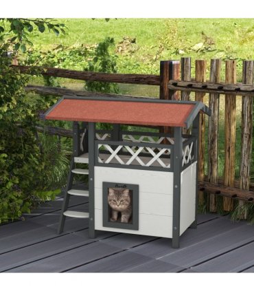 Outdoor Cat House with Balcony Stairs Roof, White, Fir Wood, 77L x 50W x 73H cm