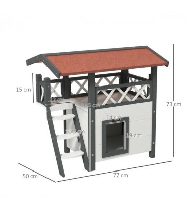Outdoor Cat House with Balcony Stairs Roof, White, Fir Wood, 77L x 50W x 73H cm