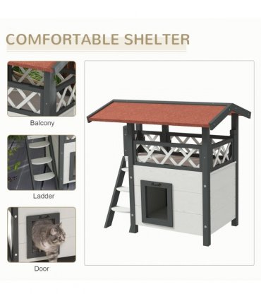 Outdoor Cat House with Balcony Stairs Roof, White, Fir Wood, 77L x 50W x 73H cm