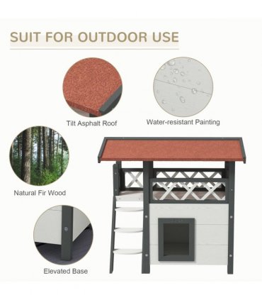 Outdoor Cat House with Balcony Stairs Roof, White, Fir Wood, 77L x 50W x 73H cm