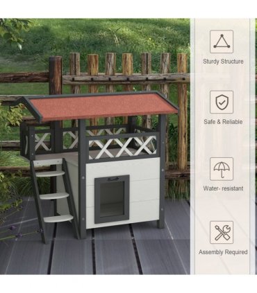 Outdoor Cat House with Balcony Stairs Roof, White, Fir Wood, 77L x 50W x 73H cm