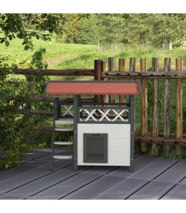 Outdoor Cat House with Balcony Stairs Roof, White, Fir Wood, 77L x 50W x 73H cm