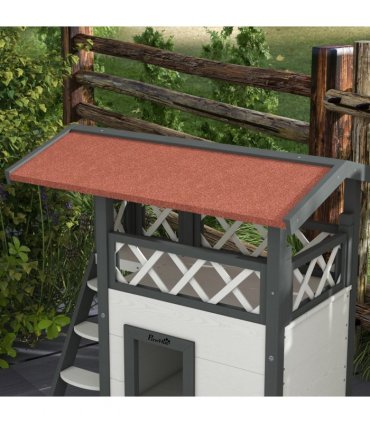 Outdoor Cat House with Balcony Stairs Roof, White, Fir Wood, 77L x 50W x 73H cm