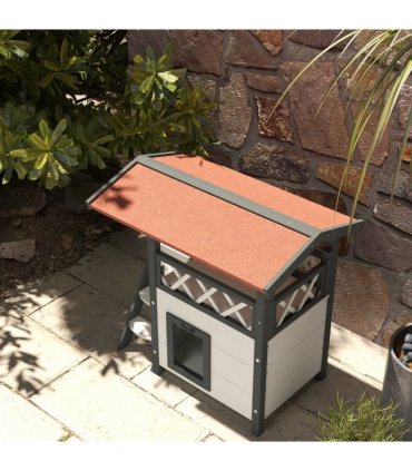 Outdoor Cat House with Balcony Stairs Roof, White, Fir Wood, 77L x 50W x 73H cm