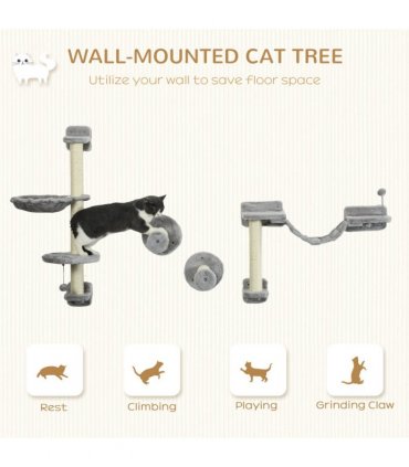 PawHut Cat Wall Furniture with Hammock, Perches, Ladder, Scratching Post, Grey