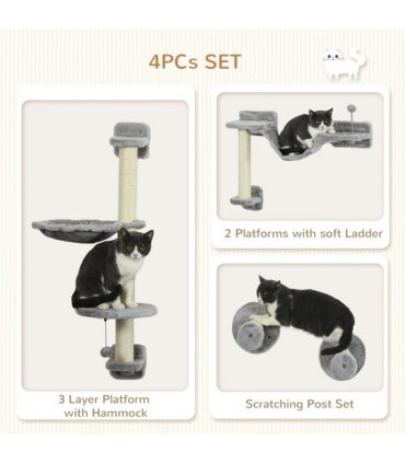 PawHut Cat Wall Furniture with Hammock, Perches, Ladder, Scratching Post, Grey