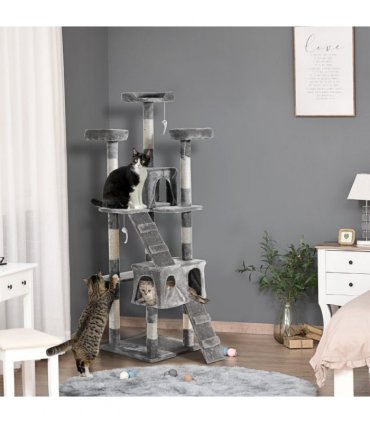 Cat Tree Grey Plush Cloth 50L x 50W x 170H cm Solid Particle Board Sisal Rope