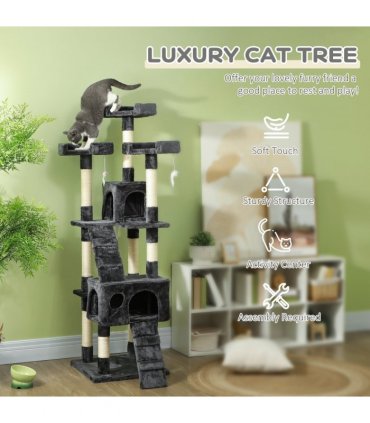 Cat Tree Grey Plush Cloth 50L x 50W x 170H cm Solid Particle Board Sisal Rope