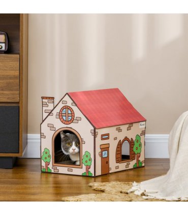 PawHut Cardboard Cat House, Recyclable Corrugate Scratcher for Indoor Cats