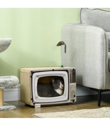 PawHut TV-Shaped Cardboard Cat House with Scratcher, Catnip, Toy Rat