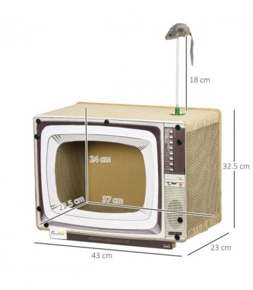 PawHut TV-Shaped Cardboard Cat House with Scratcher, Catnip, Toy Rat