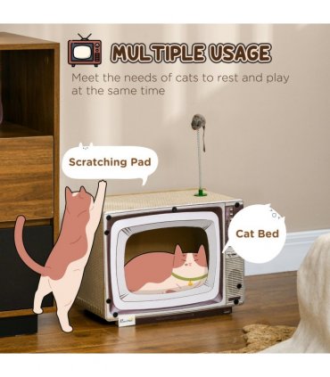 PawHut TV-Shaped Cardboard Cat House with Scratcher, Catnip, Toy Rat