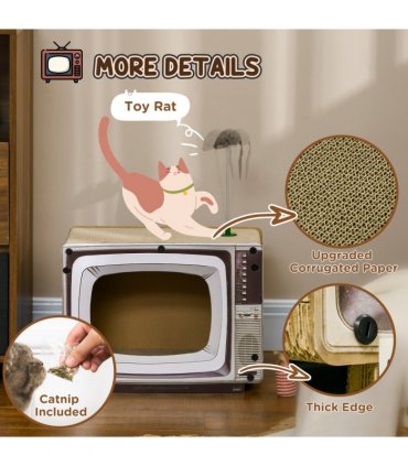 PawHut TV-Shaped Cardboard Cat House with Scratcher, Catnip, Toy Rat