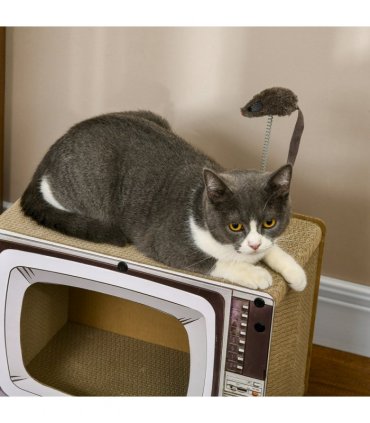 PawHut TV-Shaped Cardboard Cat House with Scratcher, Catnip, Toy Rat