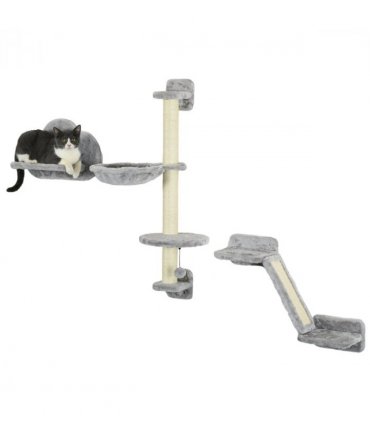 PawHut Cat Wall Furniture with Hammock Platforms Ladder Scratching Post - Grey