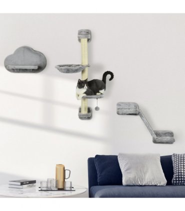 PawHut Cat Wall Furniture with Hammock Platforms Ladder Scratching Post - Grey