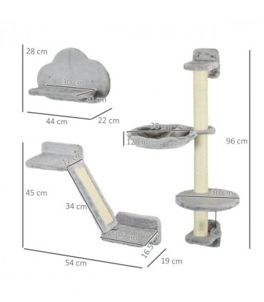 PawHut Cat Wall Furniture with Hammock Platforms Ladder Scratching Post - Grey