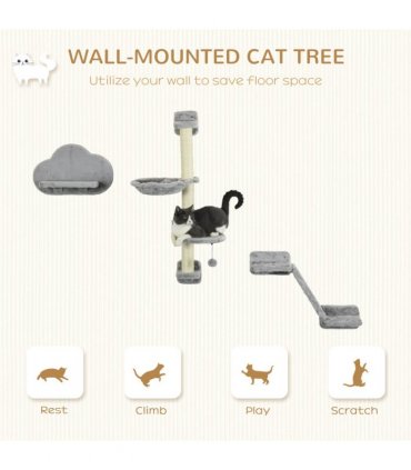 PawHut Cat Wall Furniture with Hammock Platforms Ladder Scratching Post - Grey