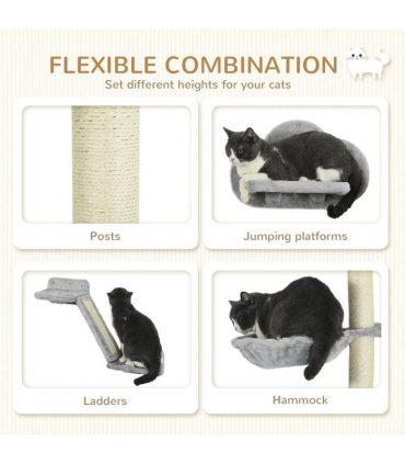 PawHut Cat Wall Furniture with Hammock Platforms Ladder Scratching Post - Grey
