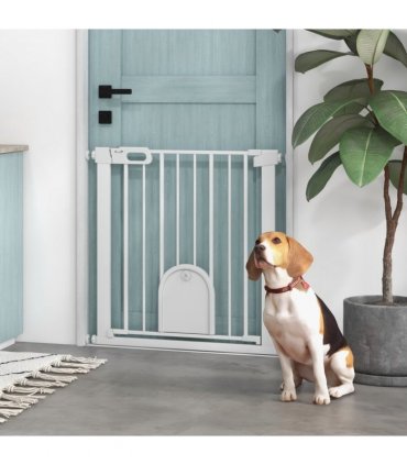 PawHut 75-82 cm Pet Safety Gate Pressure Fit Stair w/ Small Door Double Locking