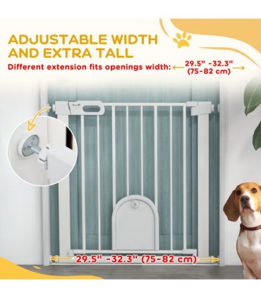 PawHut 75-82 cm Pet Safety Gate Pressure Fit Stair w/ Small Door Double Locking