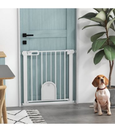 PawHut 75-82 cm Pet Safety Gate Pressure Fit Stair w/ Small Door Double Locking