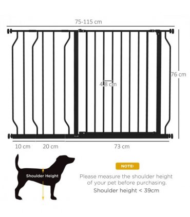 PawHut Dog Gate Wide Stair Gate with Door Pressure Fit, 75-115W cm, Black