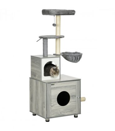 PawHut Cat Litter Box Enclosure, with Cat House, Bed, Scratching Posts, Platform