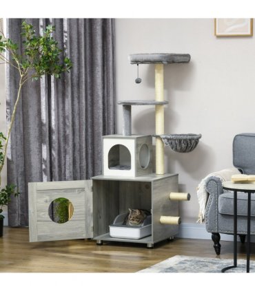 PawHut Cat Litter Box Enclosure, with Cat House, Bed, Scratching Posts, Platform