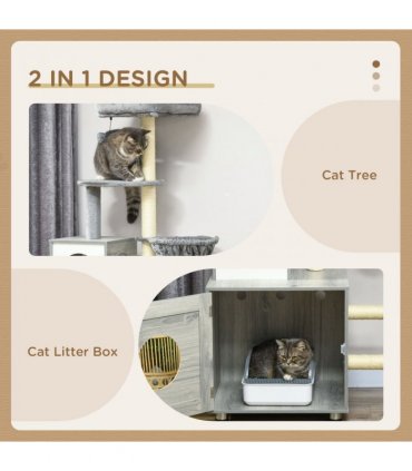 PawHut Cat Litter Box Enclosure, with Cat House, Bed, Scratching Posts, Platform