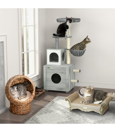 PawHut Cat Litter Box Enclosure, with Cat House, Bed, Scratching Posts, Platform