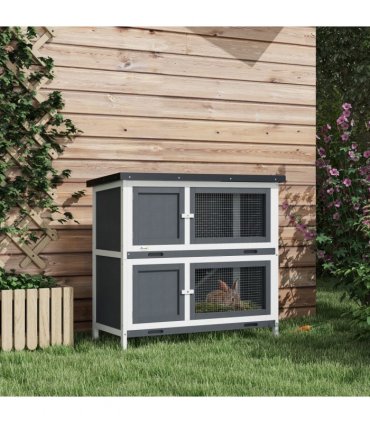 PawHut Double Decker Rabbit Hutch Bunny Cage Pet House Outdoor with Tray, Grey