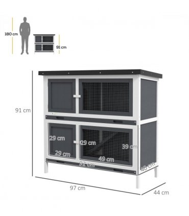 PawHut Double Decker Rabbit Hutch Bunny Cage Pet House Outdoor with Tray, Grey