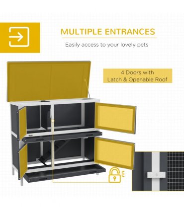 PawHut Double Decker Rabbit Hutch Bunny Cage Pet House Outdoor with Tray, Grey